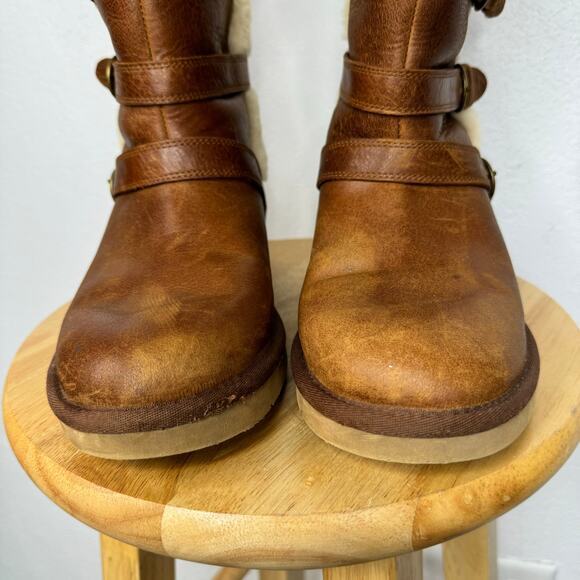 Ugg Women's Brown Becket Mid Calf Pull On Winter Shearling Buckle Boots Size 8 - Picture 5 of 10